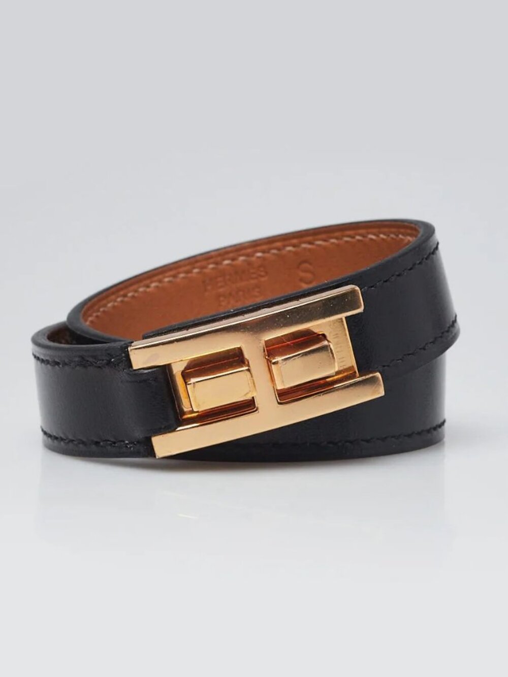 Hermes Black Box Leather Gold Plated Drag Double Tour Bracelet Size T2 - Picture 2 of 8